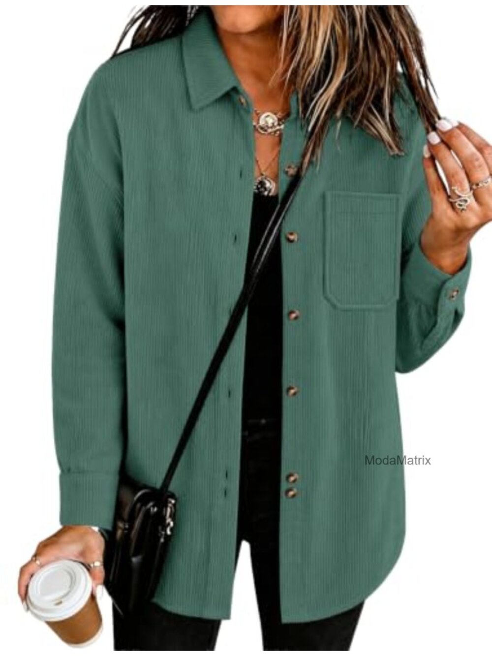 Womens Corduroy Oversized Button Down Shirt Long Sleeve V Neck Blouse